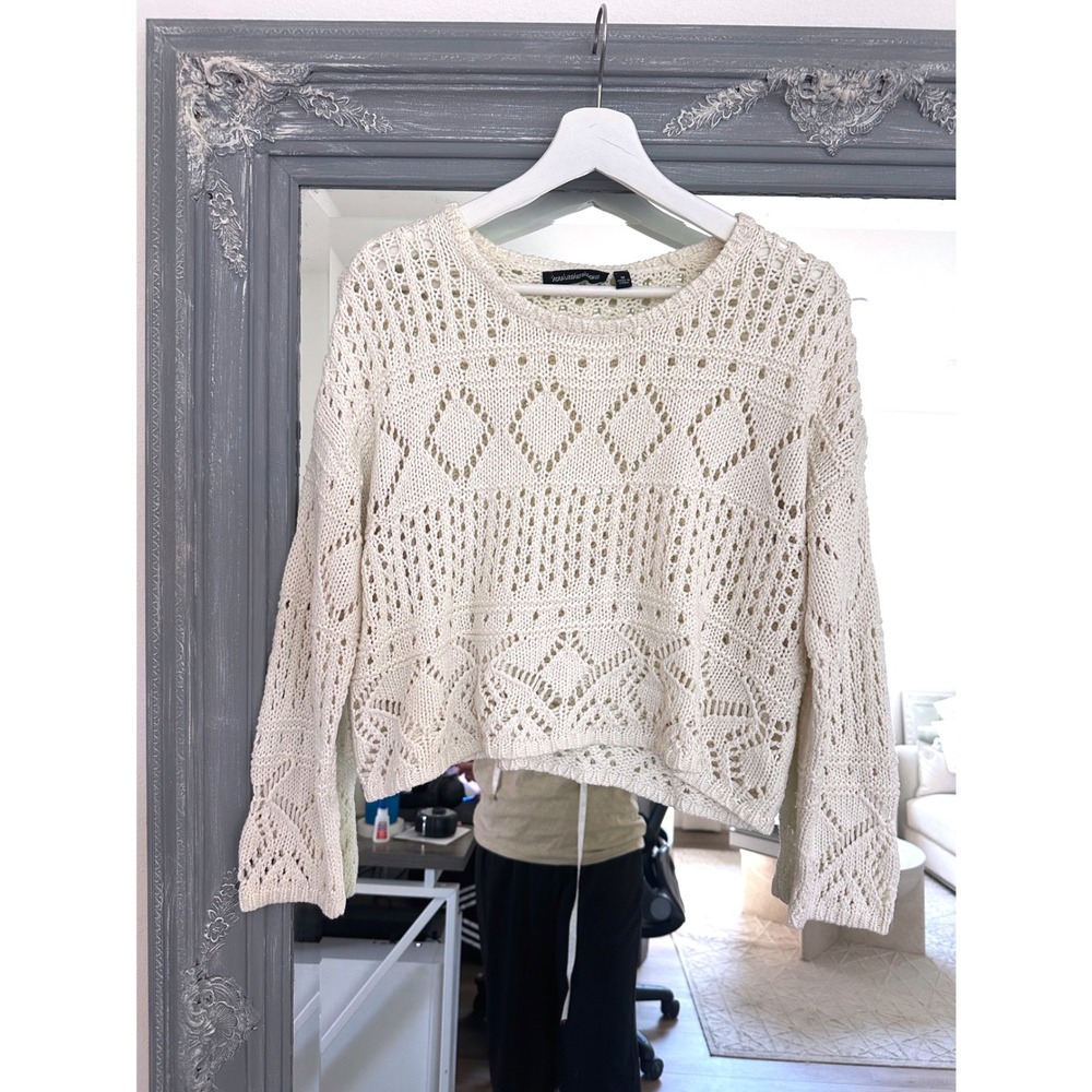 You Are Not Alone Cream Diamond Pointelle Crochet Open Knit Cropped Sweater M